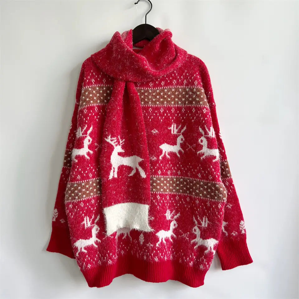 Deer Snowflake Jacquard Christmas Sweater with Red Ribbon Scarf Detail