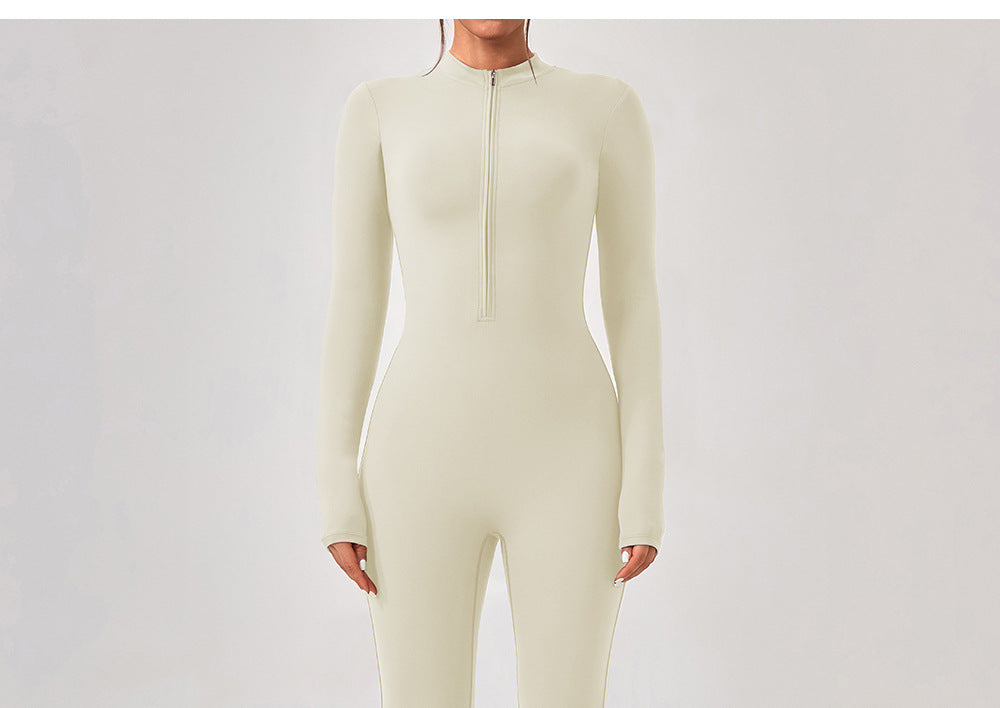 Cream-colored long-sleeve bodysuit featuring front zipper, perfect for stylish ملابس langry