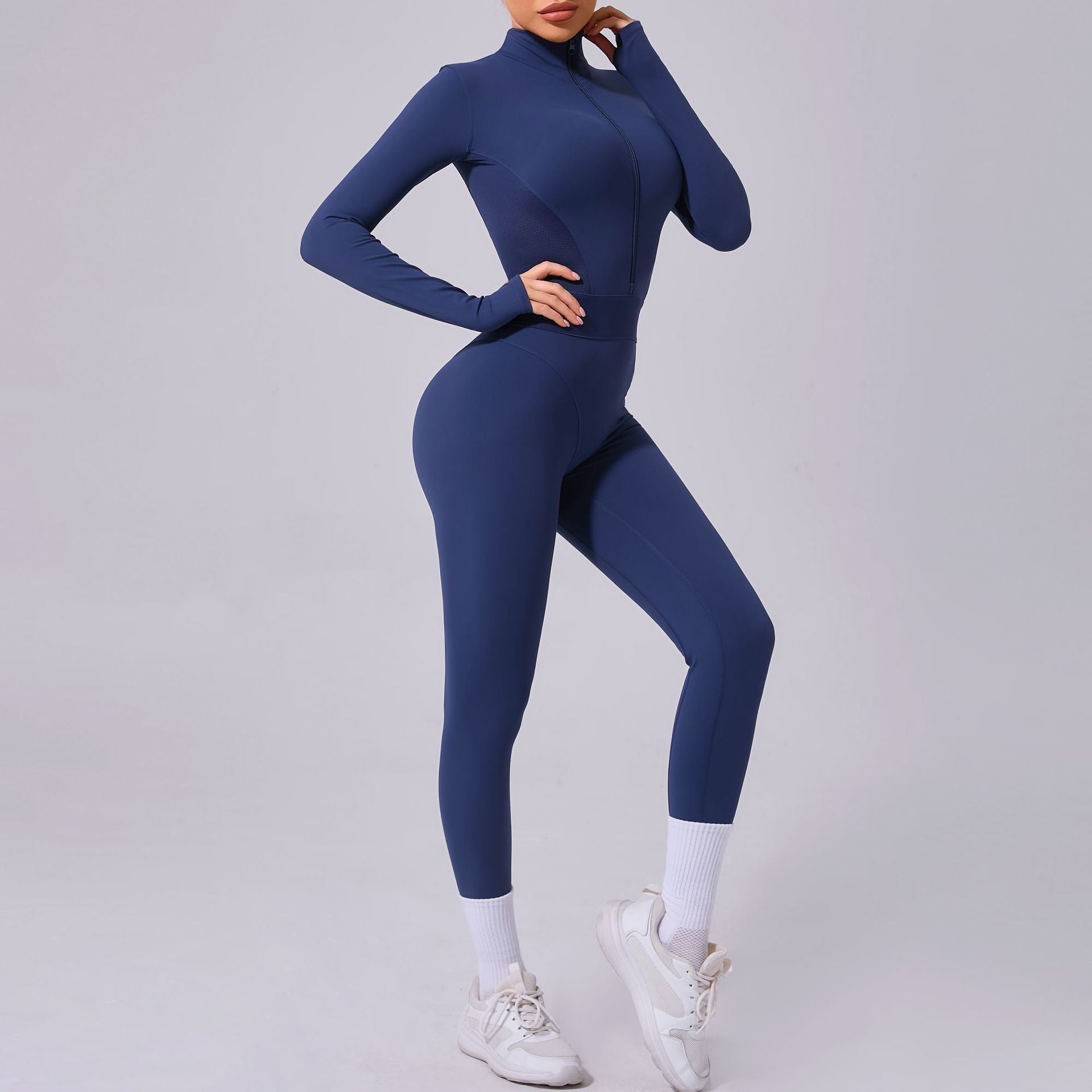 Blue athletic jumpsuit in Comfy Mesh Stitching Fitness One Piece, ideal for fitness fashion