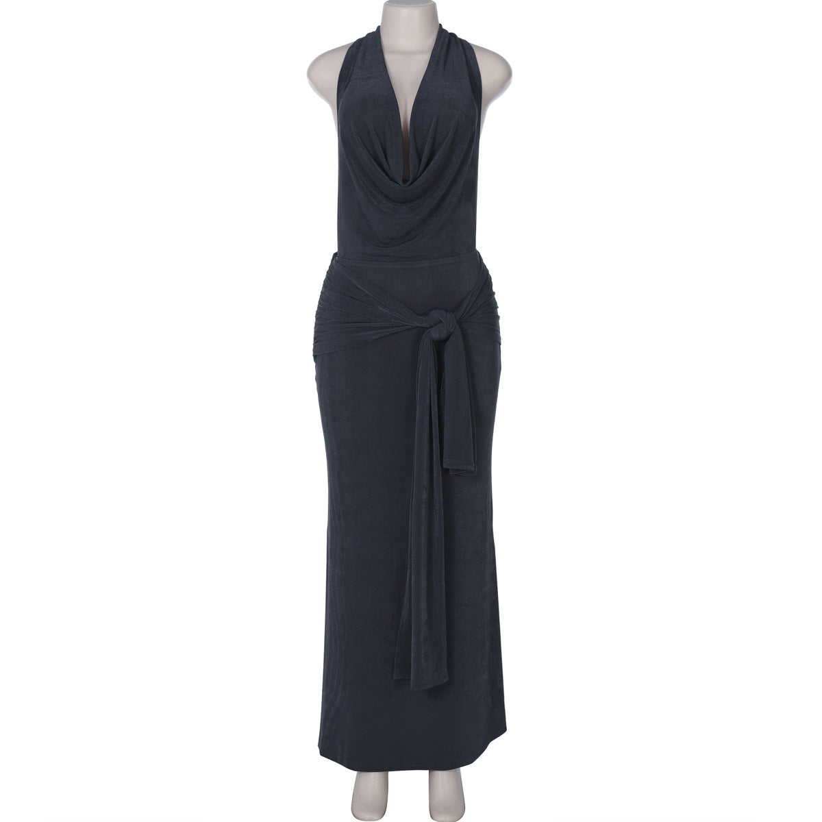 Sleeveless draped gown with tie, ideal for fashion enthusiasts seeking elegant ملابس