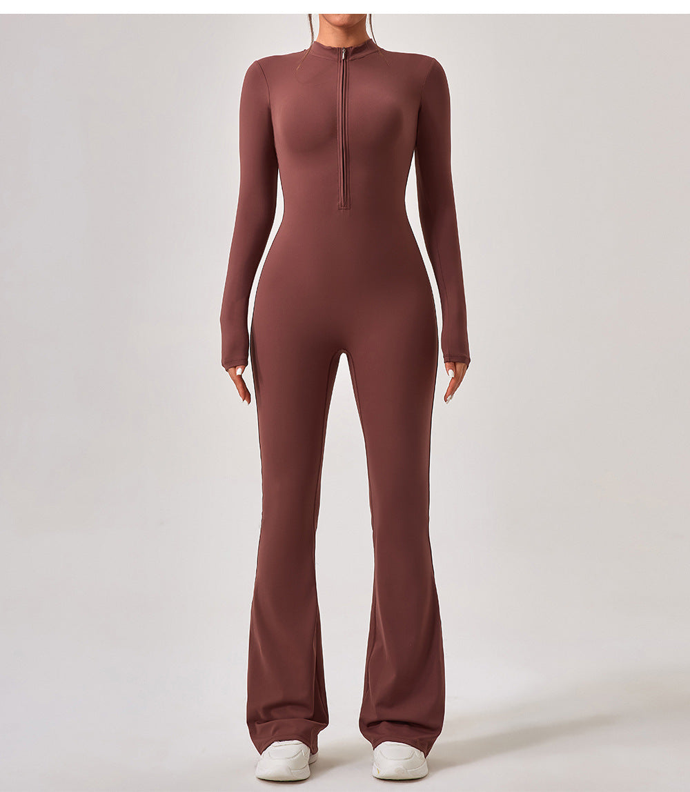 Brown long-sleeved jumpsuit with flared legs for stylish and comfy ملابس fashion