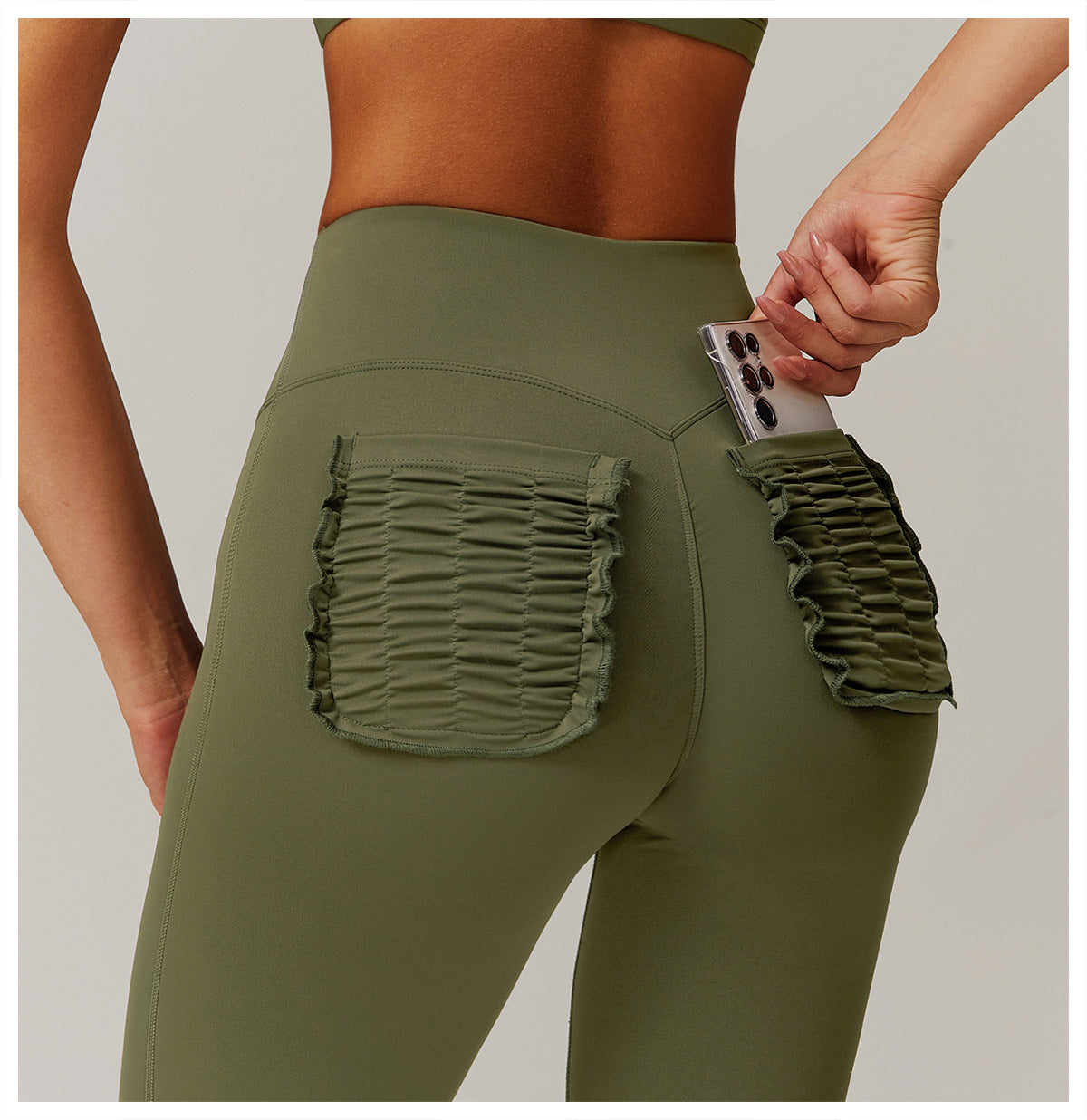 Olive green leggings with ruffled pockets for stylish casual sports trousers in fashion