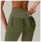 Olive green leggings with ruffled pockets for stylish casual sports trousers in fashion