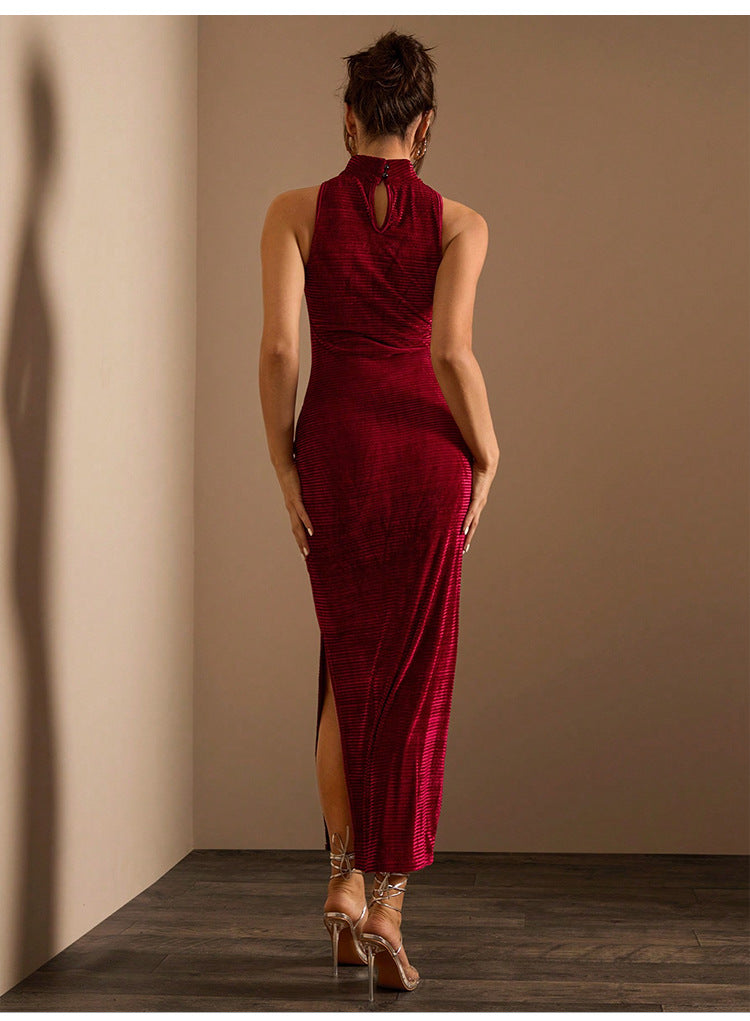 Burgundy velvet halter dress showcasing langry fashion for elegant occasions