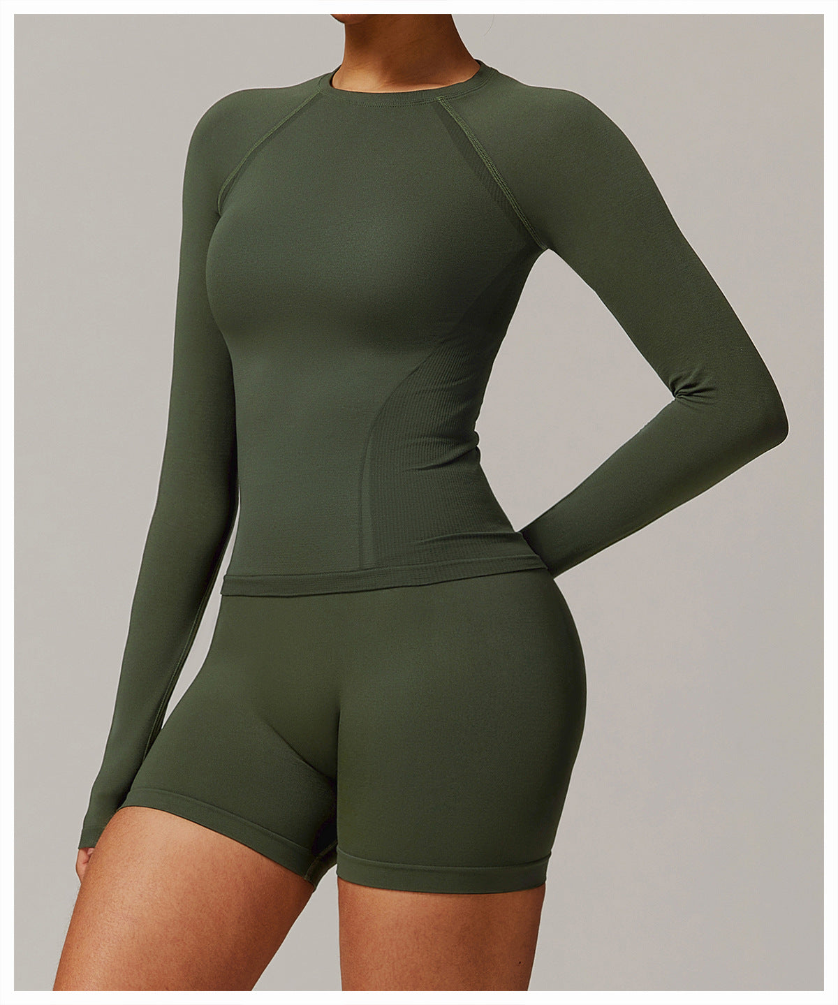 Olive green long sleeve athletic wear set for active fashion enthusiasts