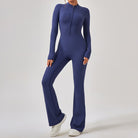 Navy blue long-sleeved fitted jumpsuit with flared legs in Comfy One Piece Sportswear