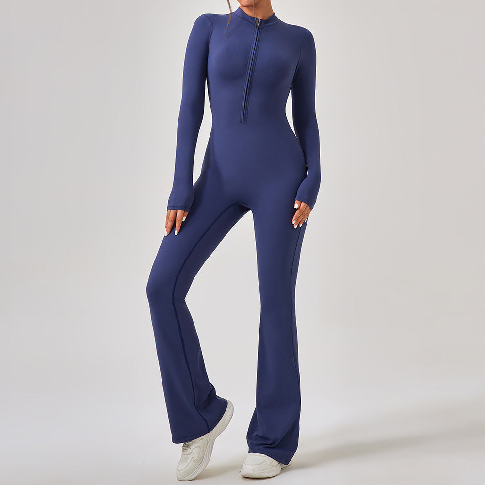 Navy blue fitted jumpsuit with flared legs and zipper detail from Comfy One Piece Sportswear