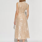 Sleeveless champagne sequined midi dress back view, a stylish choice in fashion ملابس