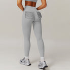 Gray leggings with ruched pockets, ideal for casual sports fashion and ملابس