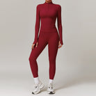 Burgundy long-sleeved athletic jumpsuit for outdoor running sports fashion ملابس