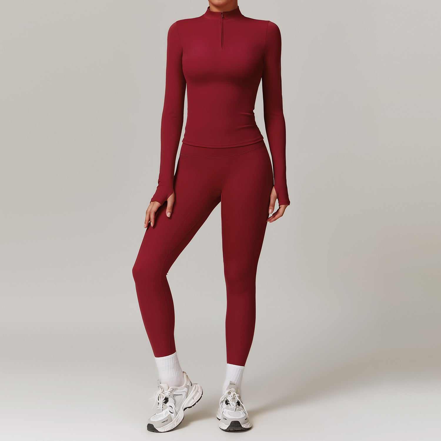 Burgundy long-sleeved athletic jumpsuit for outdoor running sports fashion ملابس