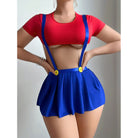 Blue pleated skirt with suspenders and red crop top from Hot Temptation Uniform fashion ملابس