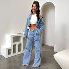 Double denim outfit with cropped jacket and cargo jeans, ideal for langry fashion ملابس