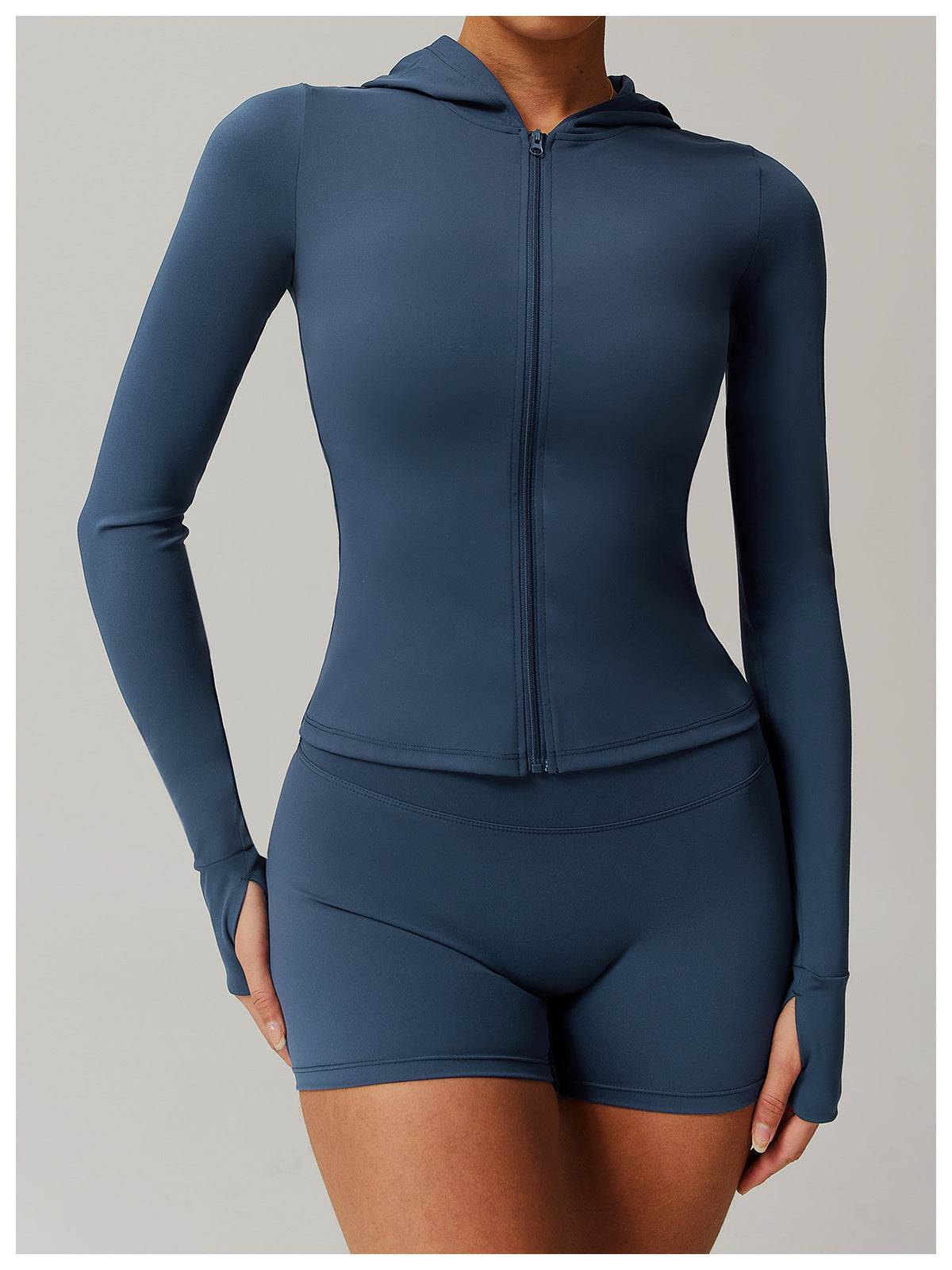 Navy blue long-sleeved hooded romper shorts for stylish workout fashion ملابس