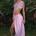 Lilac skirt and sequined top in Elegant Lace up Top Split Skirt Two Piece Sets fashion ملابس