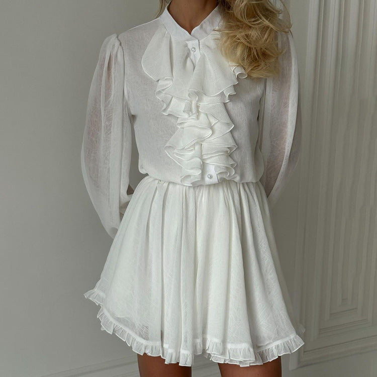 White ruffled blouse and skirt set from French Elegant Short Dress, perfect for langry fashion