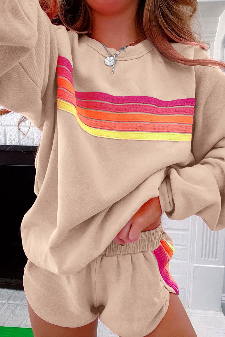 Beige sweatshirt with rainbow stripes in Langry Loose Slim Fit Fashion Set ملابس