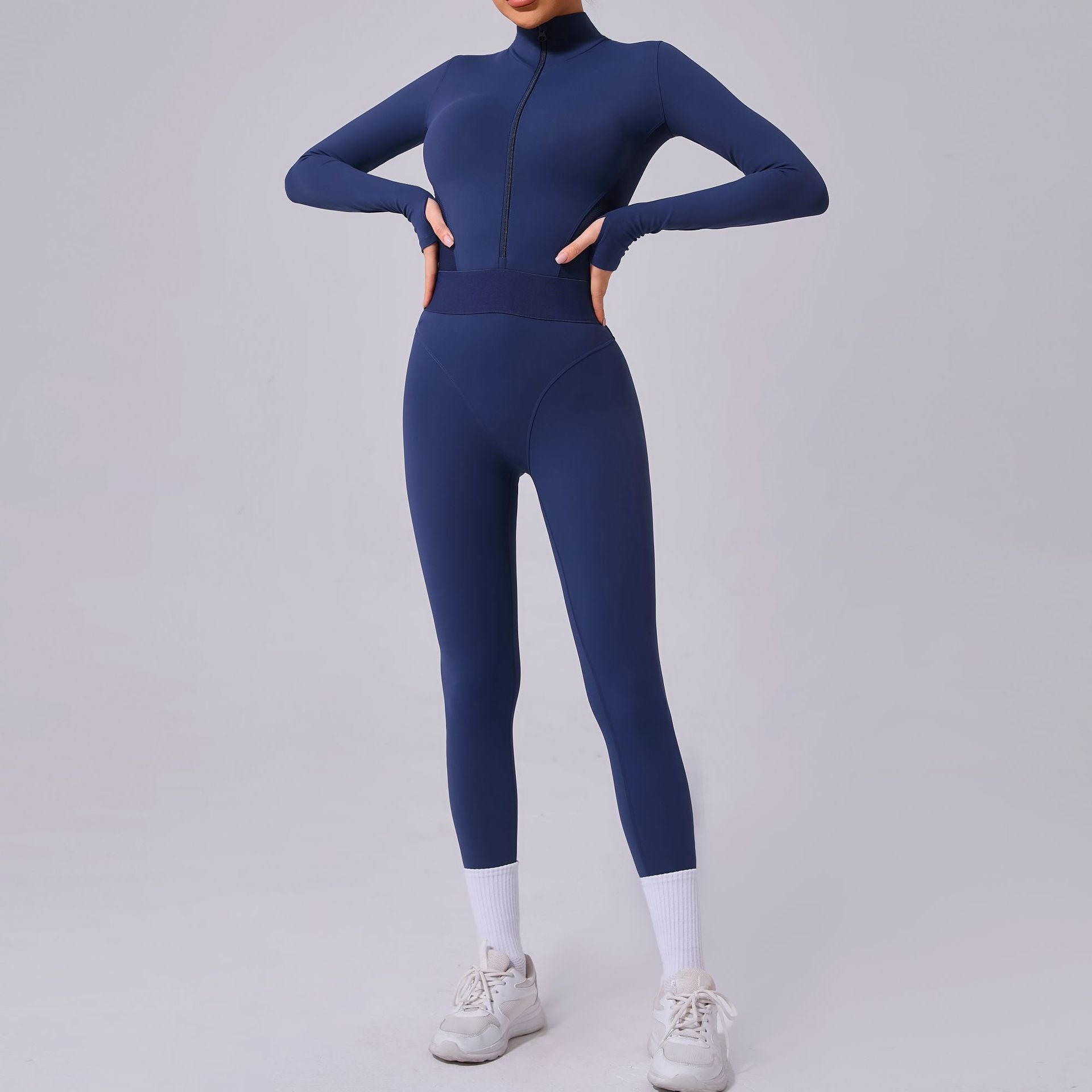 Navy blue athletic jumpsuit from Comfy Mesh Stitching Fitness for stylish langry fashion