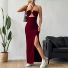 Burgundy halter maxi dress from Enchanting Slim Fit collection in elegant fashion