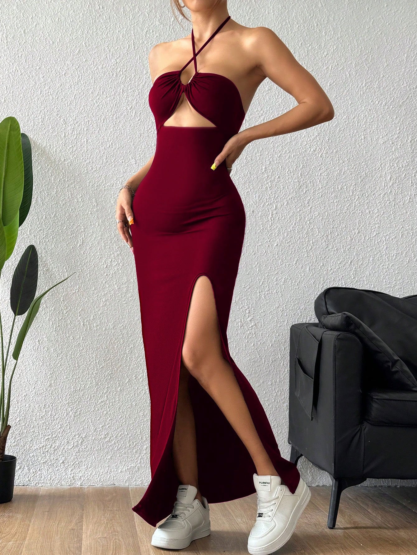 Burgundy halter maxi dress from Enchanting Slim Fit Maxi Dress collection in fashion