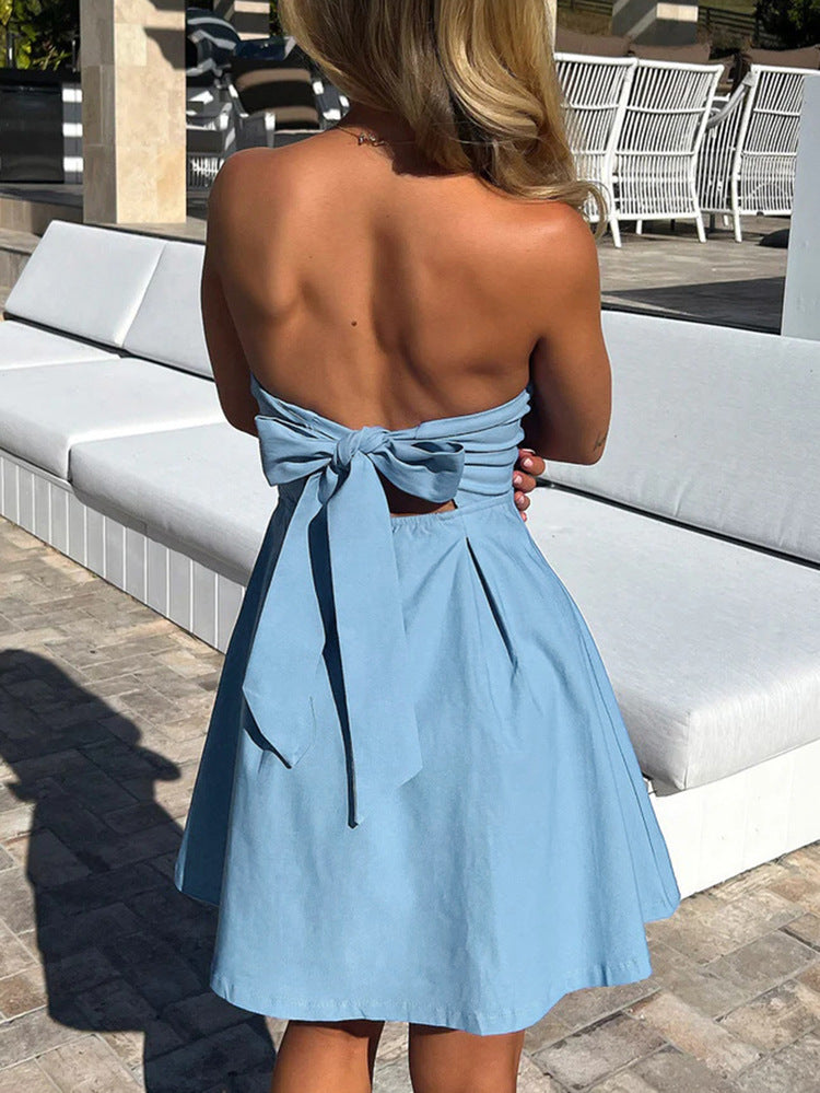 Light blue strapless sundress with back bow, a stylish choice for fashion lovers