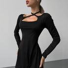 Black Elegant Knitted Dress featuring a cross-strap neckline cutout detail in fashion