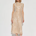 Sleeveless champagne sequined midi dress with high neckline for elegant fashion ملابس