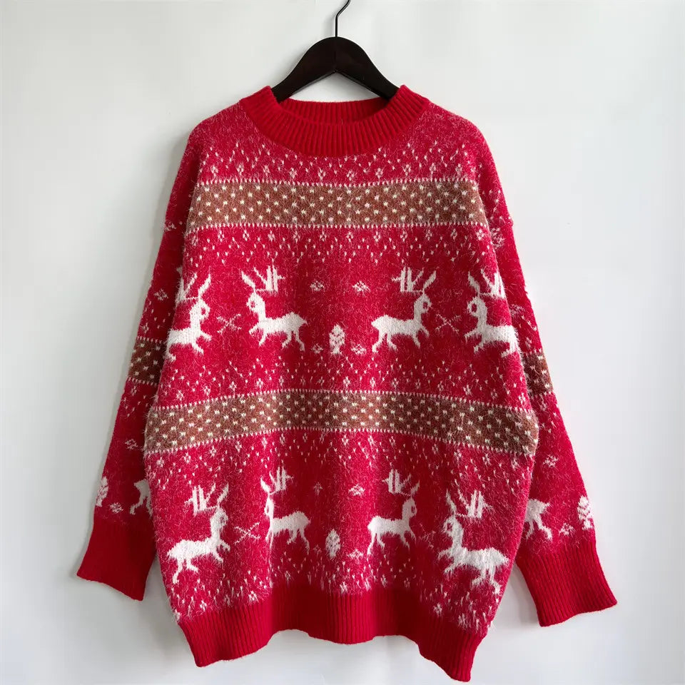 Deer Snowflake Jacquard Christmas Sweater with Red Ribbon Scarf Detail