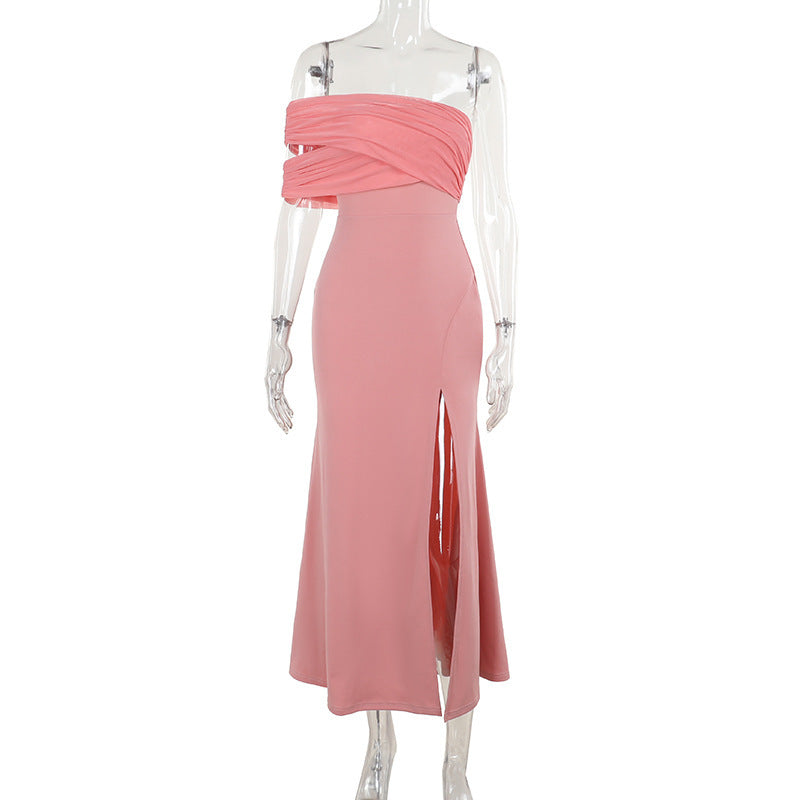 Pink off-the-shoulder split dress showcasing enchanting mesh stitching and thigh-high slit