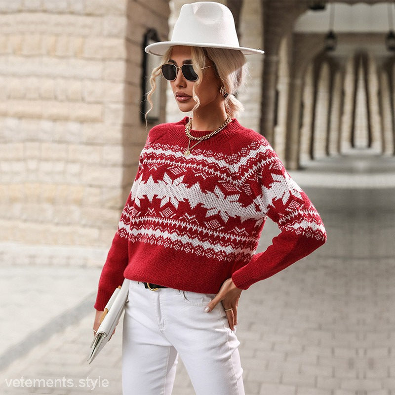 TRENDY ROUND NECK RED KNITTED CHRISTMAS SNOWFLAKE SWEATER-VETEMENTS 