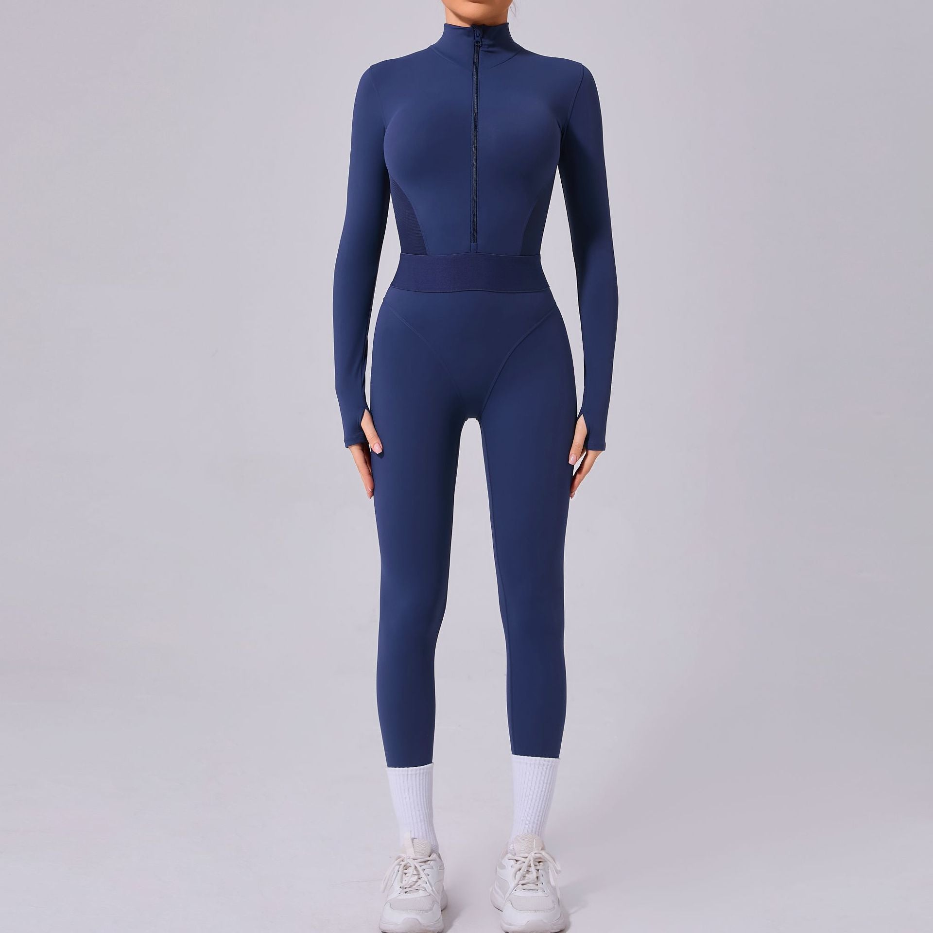 Navy blue athletic jumpsuit from Comfy Mesh Stitching Fitness, a stylish choice for ملابس