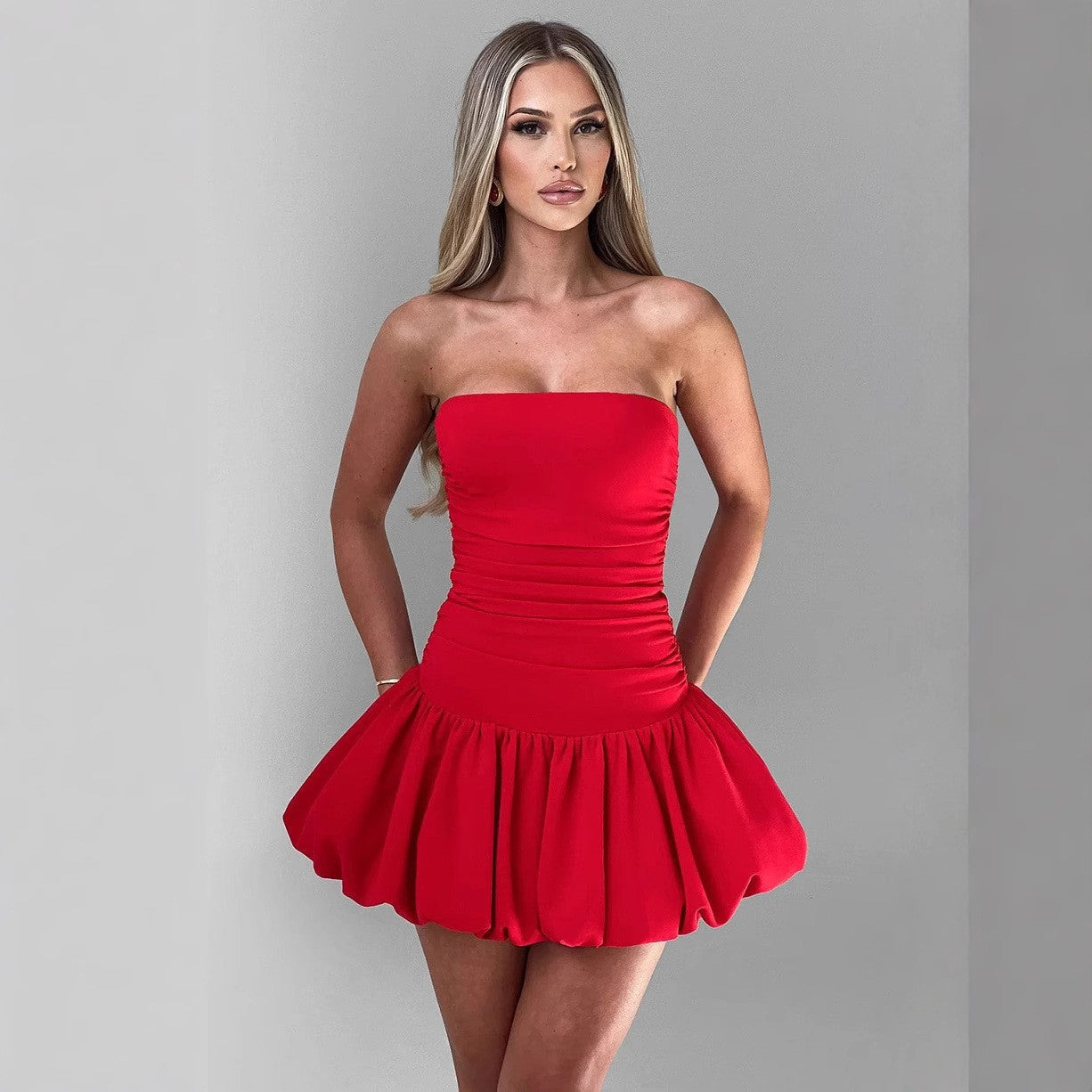 Red strapless mini dress from Elegant off Shoulder Short Dress collection in fashion ملابس