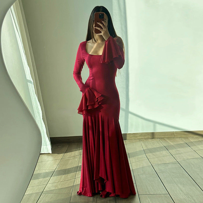 Elegant red ruffled gown from Socialite, perfect for chic fashion occasions