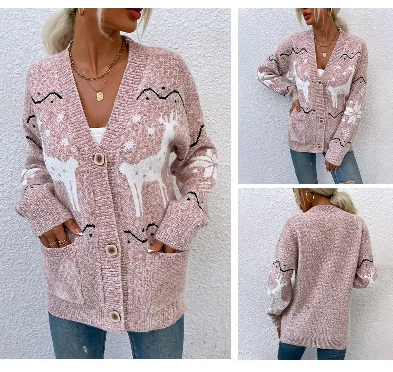 Christmas Deer Cardigan Sweater in 100% Polyester Fiber