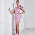 Elegant pink one-shoulder evening gown with ruffles, perfect for fashion events and ملابس