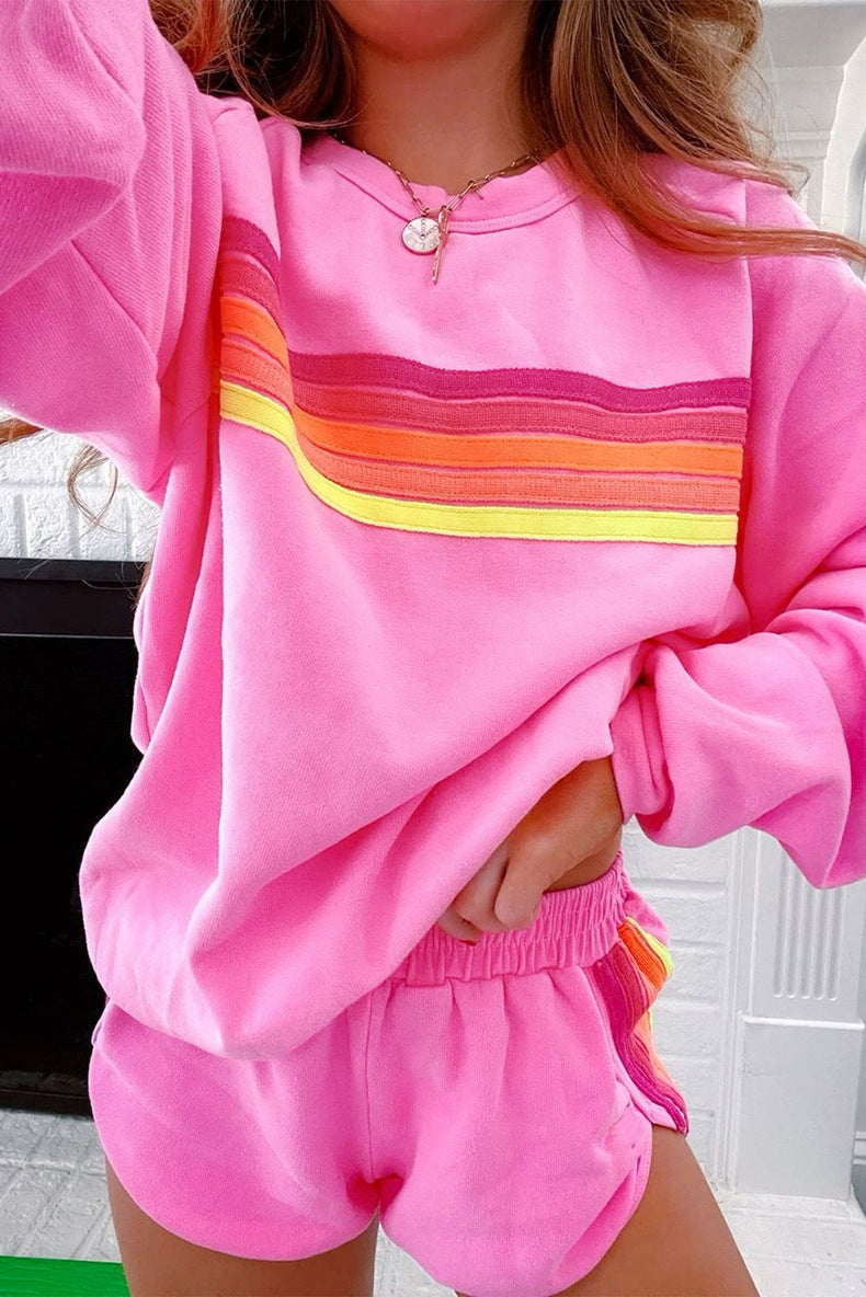 Pink sweatshirt with orange and yellow retro stripes in Loose Slim Fit Casual Two Piece Sets