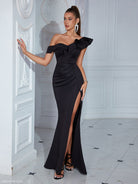 Elegant black one-shoulder gown with thigh-high slit for an elegant cocktail party