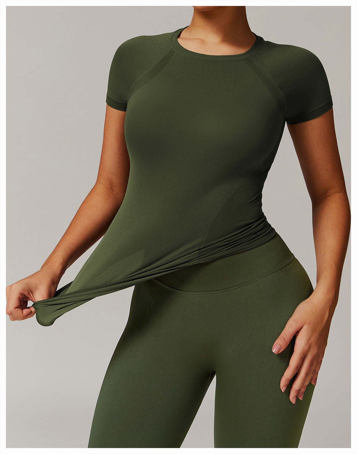 Olive green langry athletic wear set including the Thread Seamless Short Sleeved T-shirt Yoga