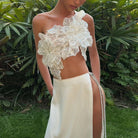 Floral-embellished one-shoulder top and slit skirt from Elegant Lace Up Top Split Skirt sets