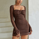 Brown mesh bodycon dress featuring sparkly details and bell sleeves for elegant fashion