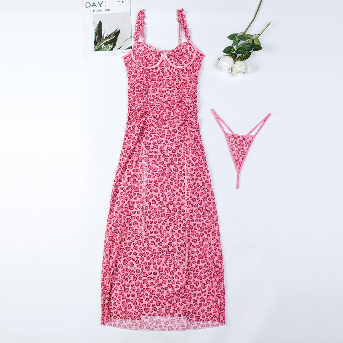 Pink floral print slip dress with matching thong, part of Seduction Skirt Pink Two Piece Set