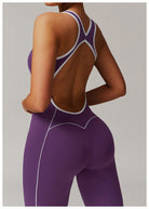 Purple athletic jumpsuit with open back from Hip Lifting Pleated Slightly Pull Yoga Jumpsuit, langry fashion ملابس