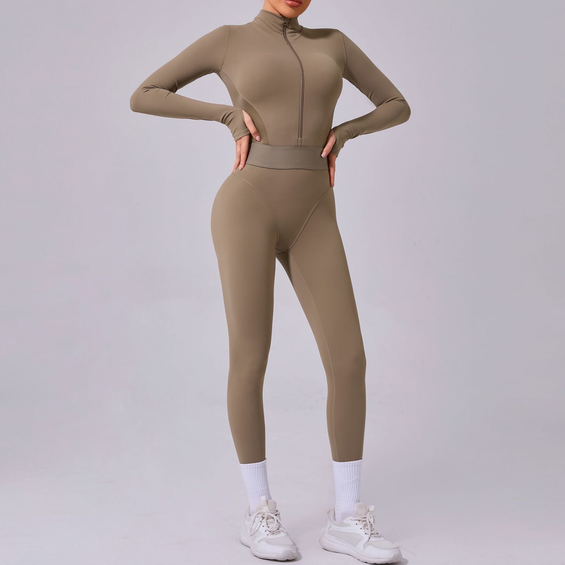 Olive-green athletic jumpsuit from Comfy Mesh Stitching Fitness One Piece for stylish fitness ملابس