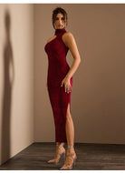 Burgundy one-shoulder midi dress from Attractive Hollowed Sleeveless Dress collection