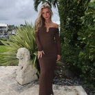 Long brown off-shoulder knit dress with long sleeves for stylish fashion ملابس