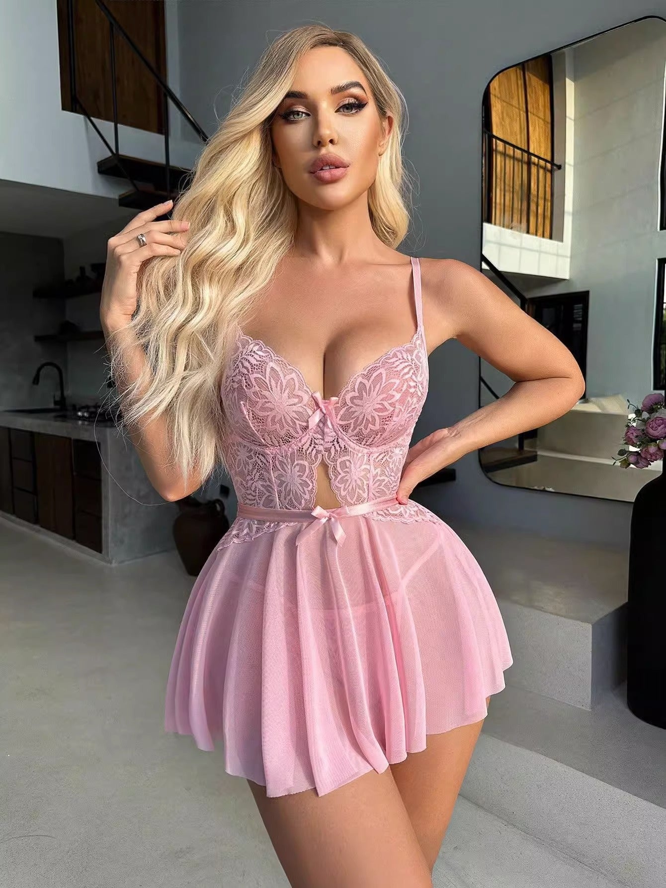 Pink lace and tulle mini dress with spaghetti straps for elegant lingerie fashion