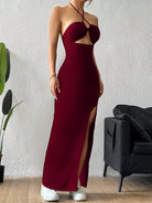 Burgundy halter maxi dress with thigh slit for elegant fashion moments and stylish langry