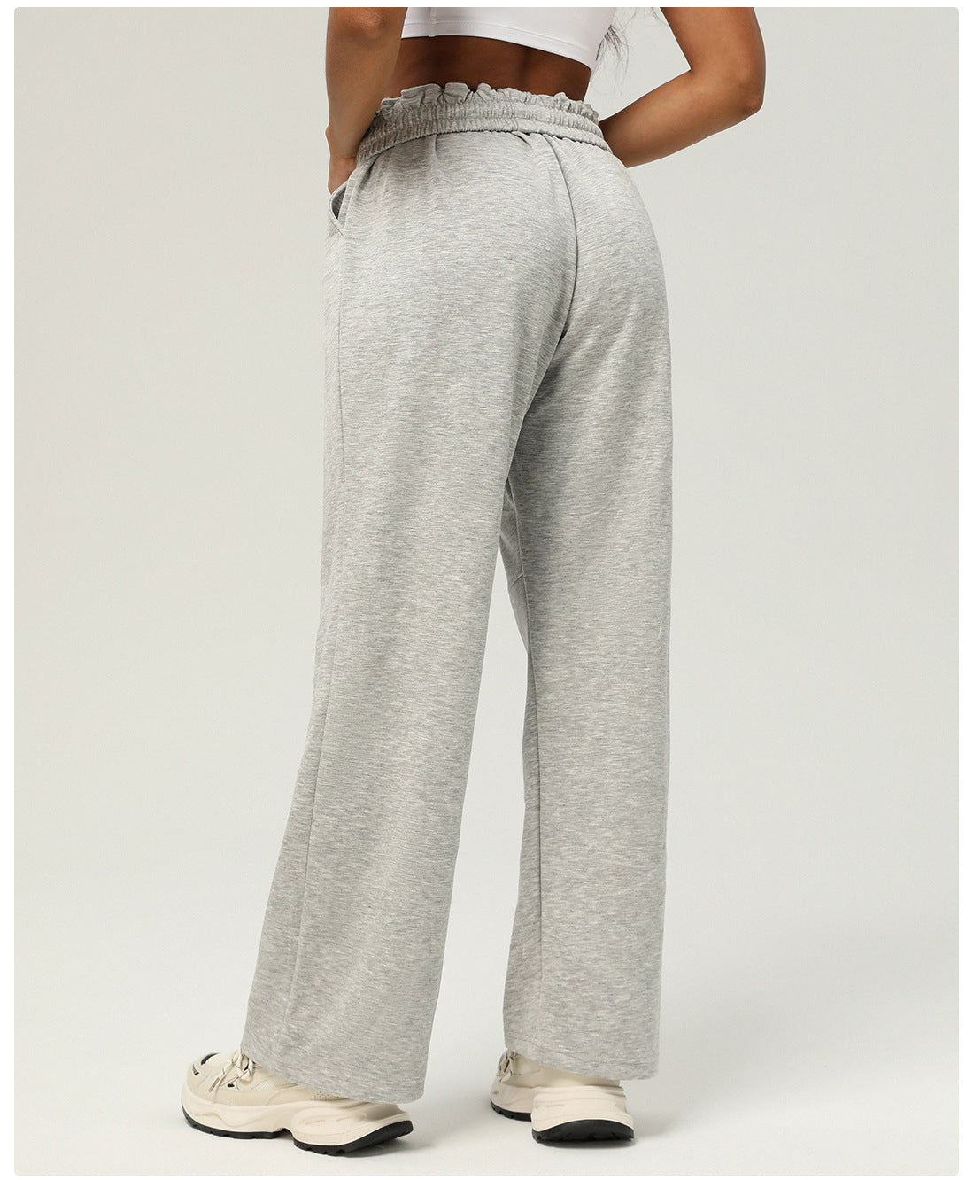 Light gray wide-leg sweatpants with elastic waistband for casual fitness and yoga fashion