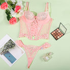 Pink lace lingerie set with matching thong, perfect for women’s fashion ملابس