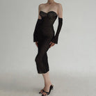 Strapless black lace cocktail dress with long gloves and heels for stunning fashion ملابس